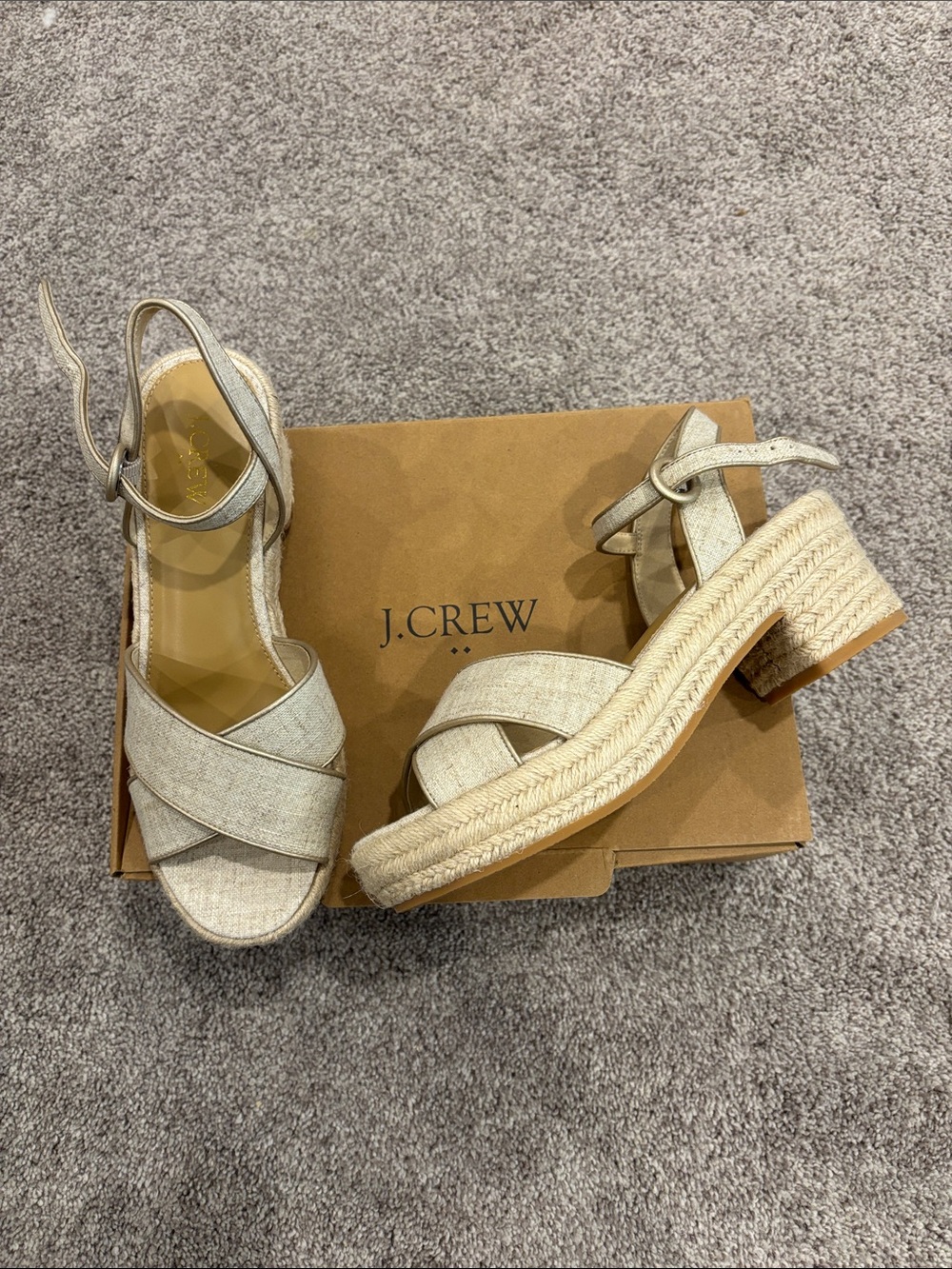 NWT Women’s J. Crew Linen-Cream/ Gold Espadrille Heeled Platform Sandals Size 8